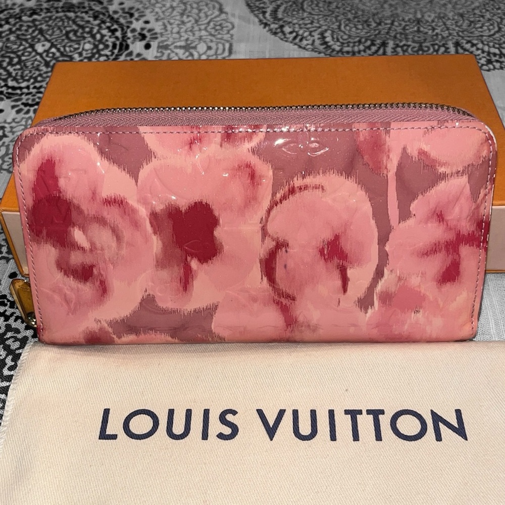 Louis Vuitton Limited Edition Pink Floral Patent Leather Zip Wallet